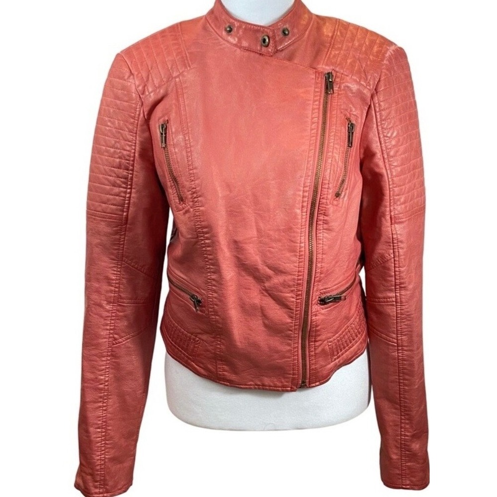 Guess Coral Pink Faux Leather Moto Biker Jacket Quilted Shoulder Womens Large